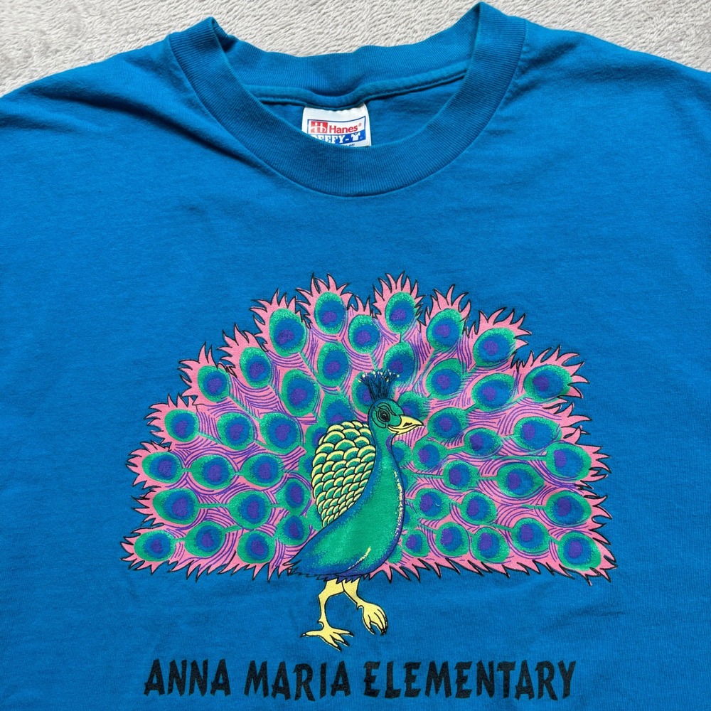 VTG Hanes Beefy-T T-Shirt Peacock Graphic Adult L 42-44 (M) Blue Y2K Cotton